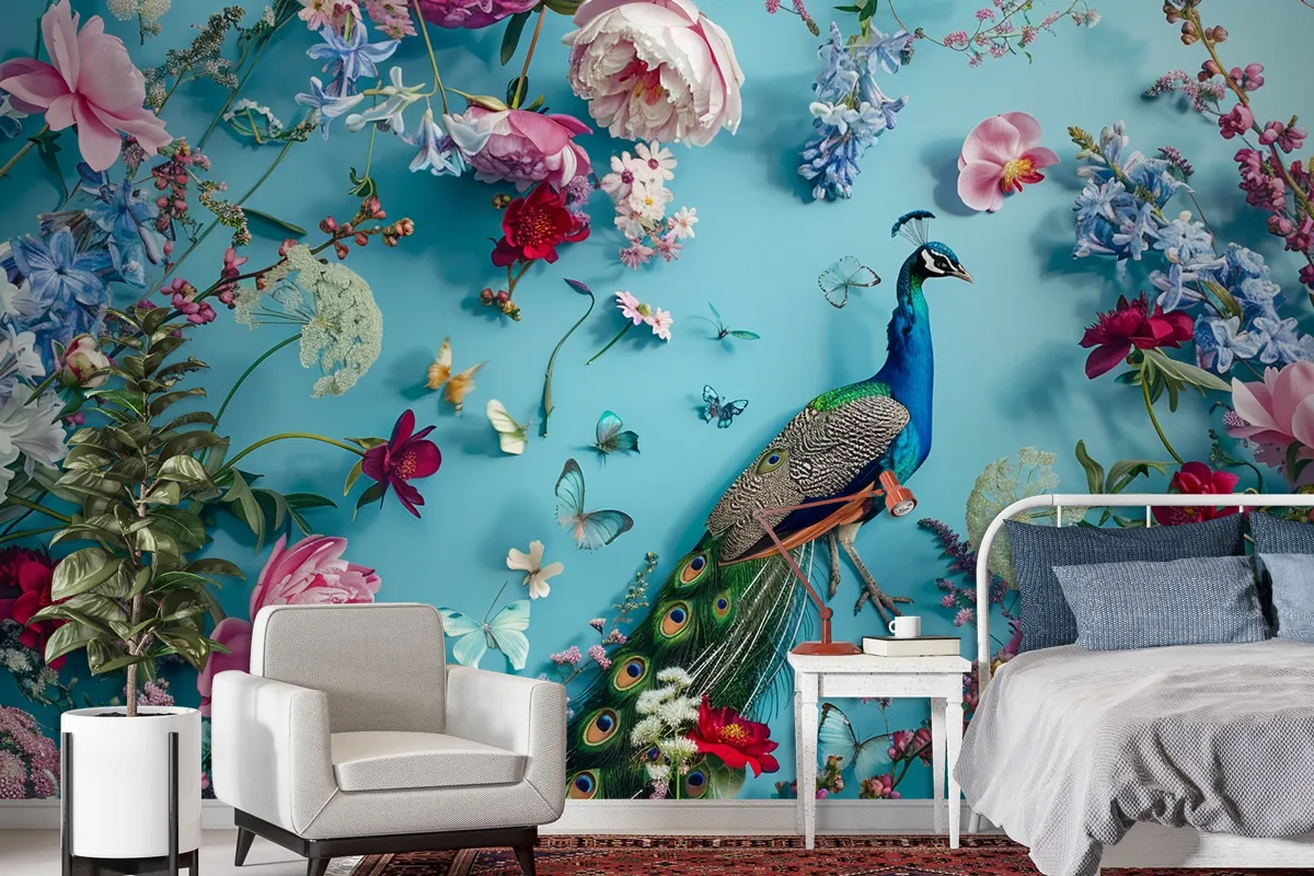 A Peacock Surrounded By Flowers And Butterflies Wallpaper Mural