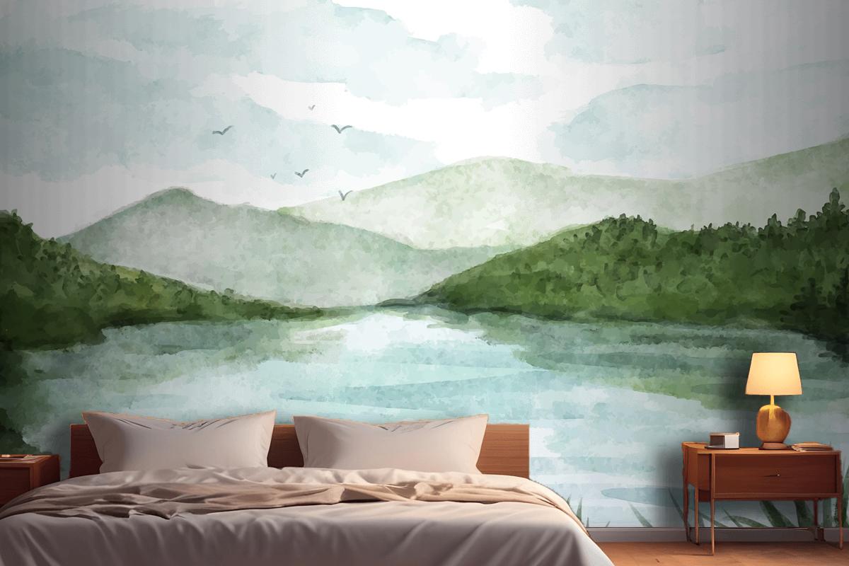 Watercolor Lake Scenery Wallpaper Mural