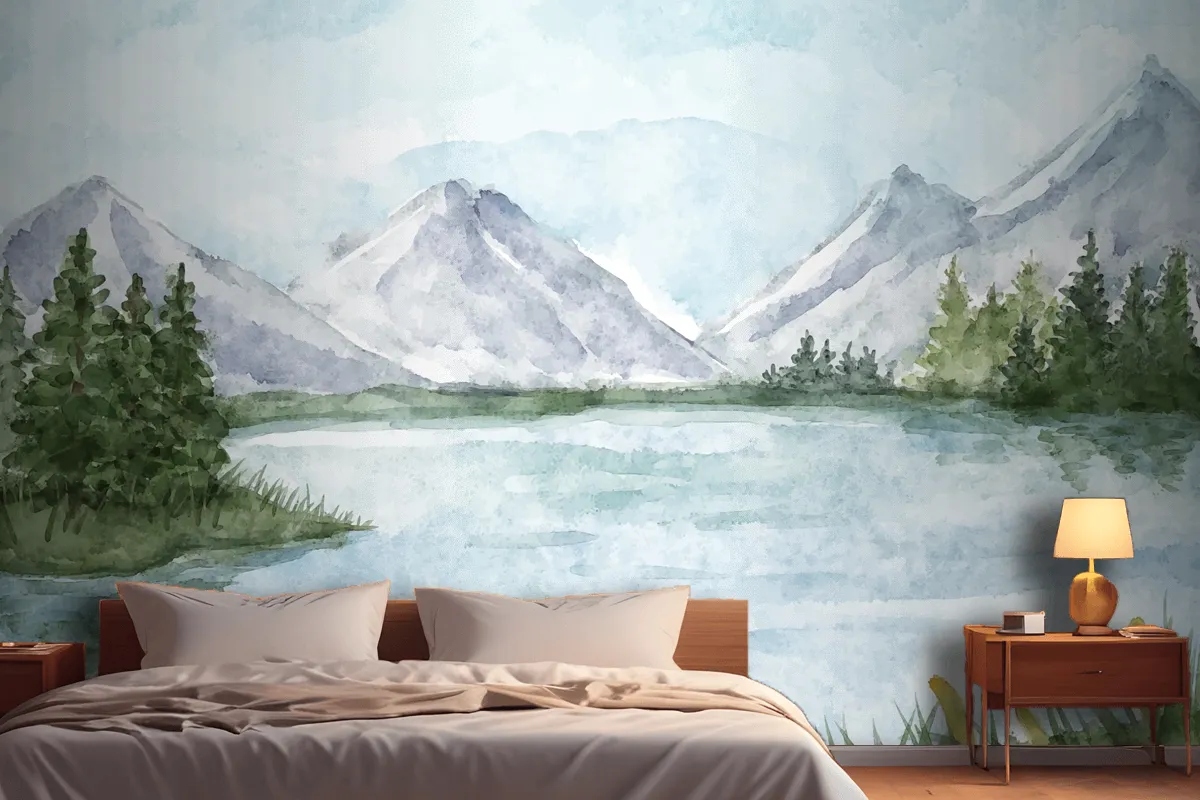 Watercolor Lake Scenery Wallpaper Mural