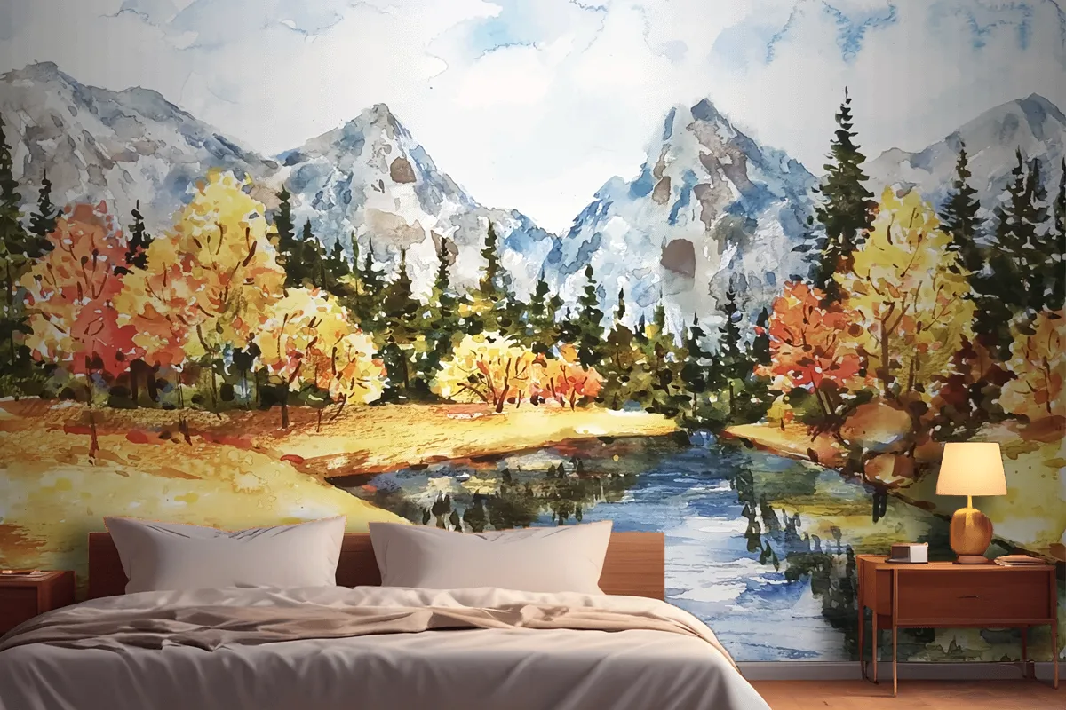 Watercolor Autumn Landscape Wallpaper Mural