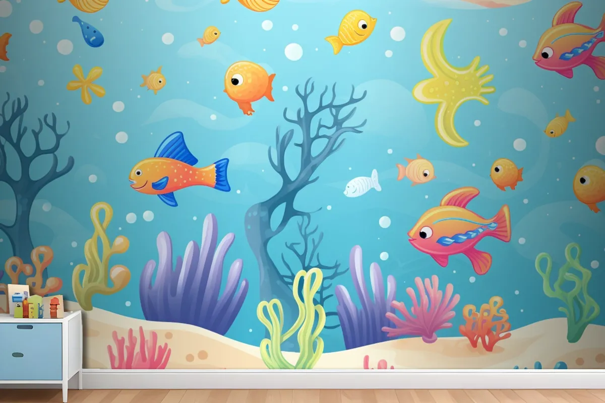 A Painting Of A Coral Reef With A Clown Fish And Coral Wallpaper Mural