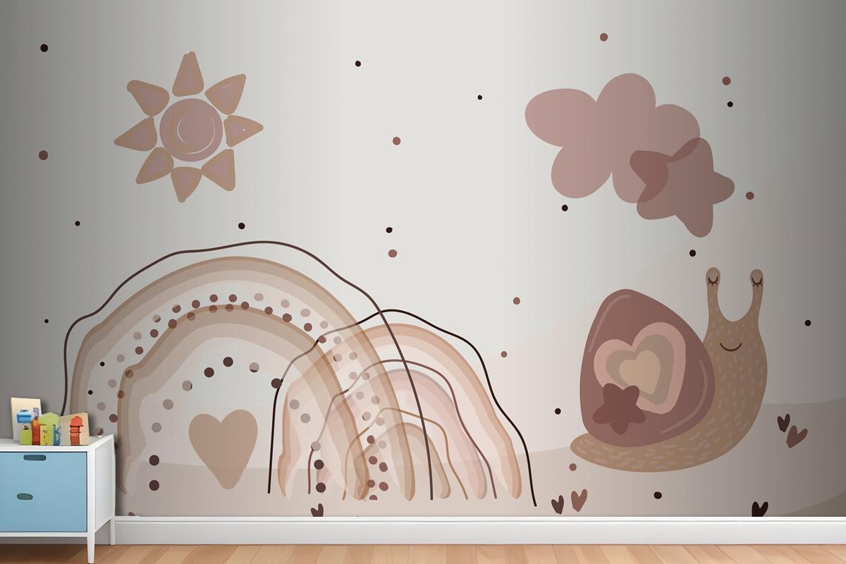 Watercolor Rainbow And Snails Beige Wallpaper Mural