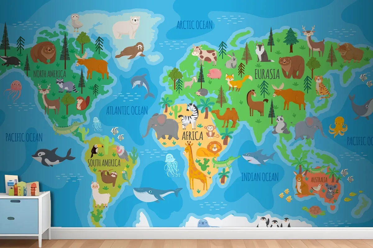 Cartoon World Map For Kids Nursery With Forest Animals Wallpaper Mural