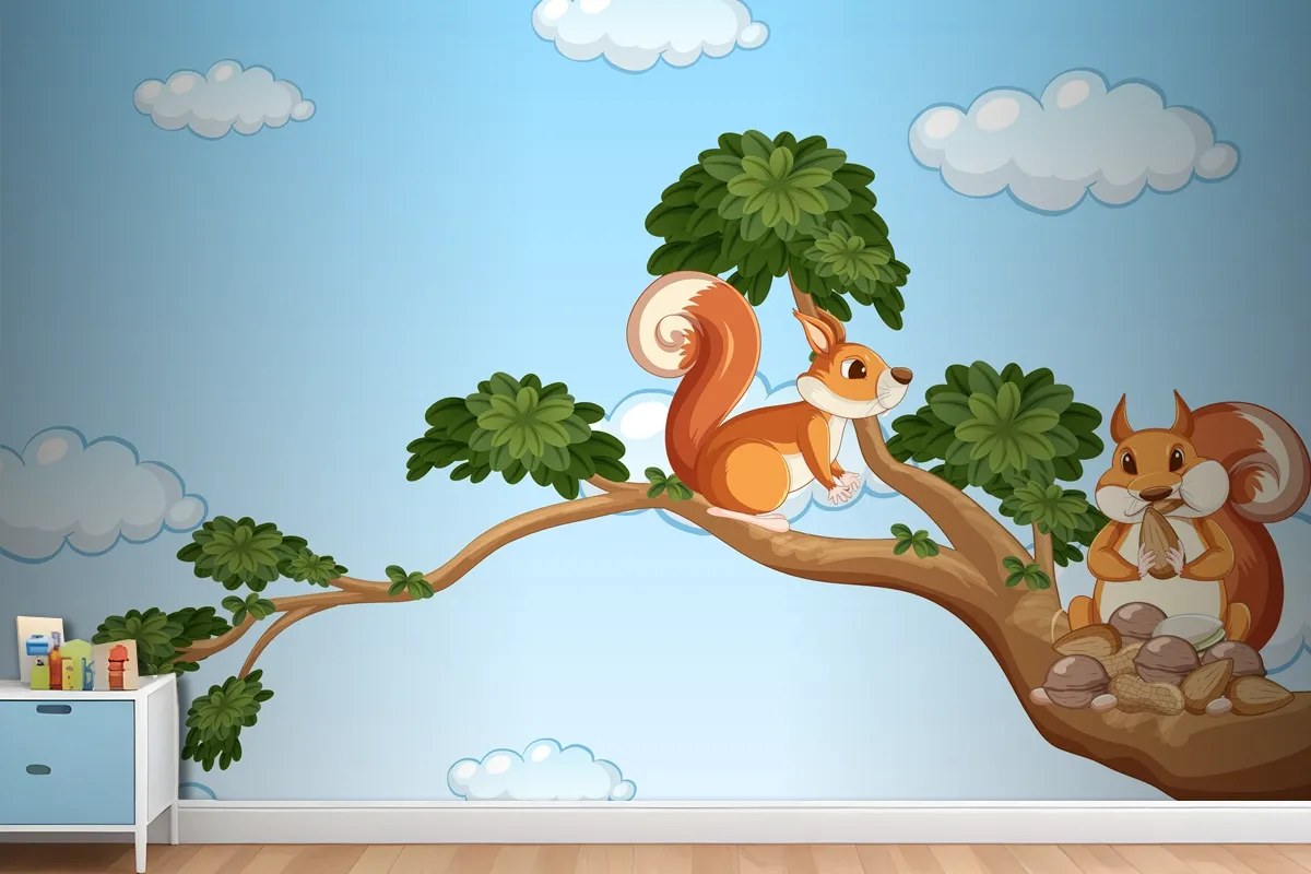 Two Squirrels On The Branch Wallpaper Mural