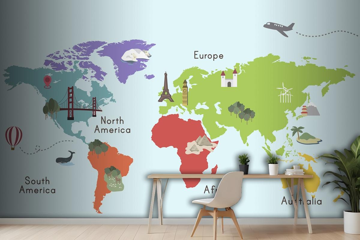 World Continent Map Location Graphic Wallpaper Mural