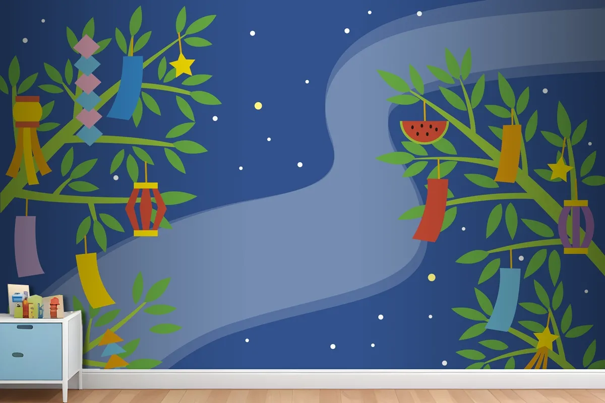 Flat Tanabata Background With Ornaments In Branches Wallpaper Mural