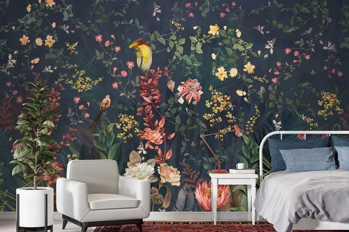 Chinoiserie Vintage Floral With Exotic Birds And Flowers Wallpaper Mural