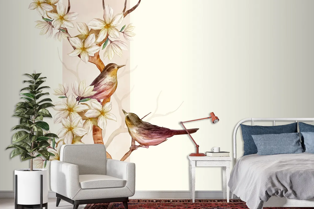 Asian Flower Watercolor With Birds Wallpaper Mural