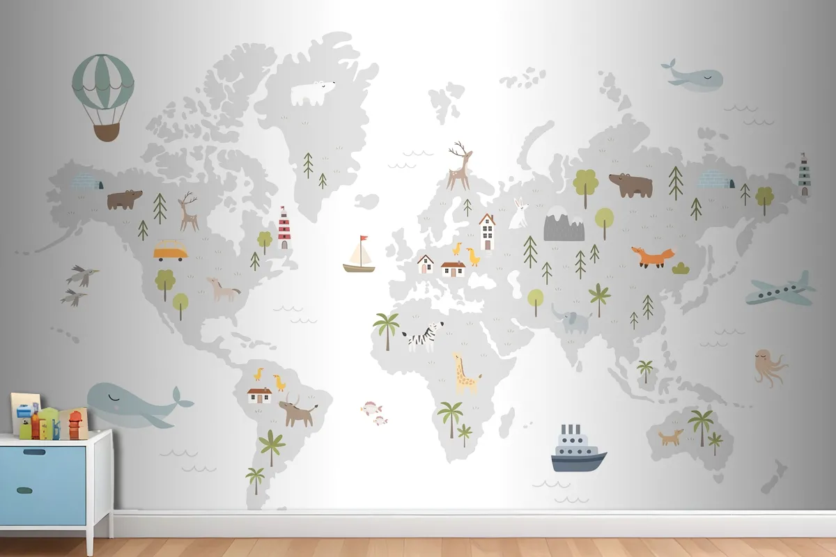 World Map With Animals Houses Nature Elements Wallpaper Mural