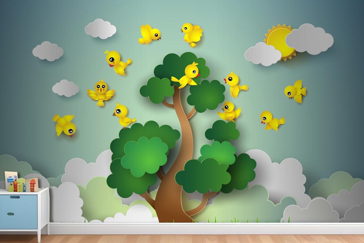 Bird Flying Around A Tree Wallpaper Mural