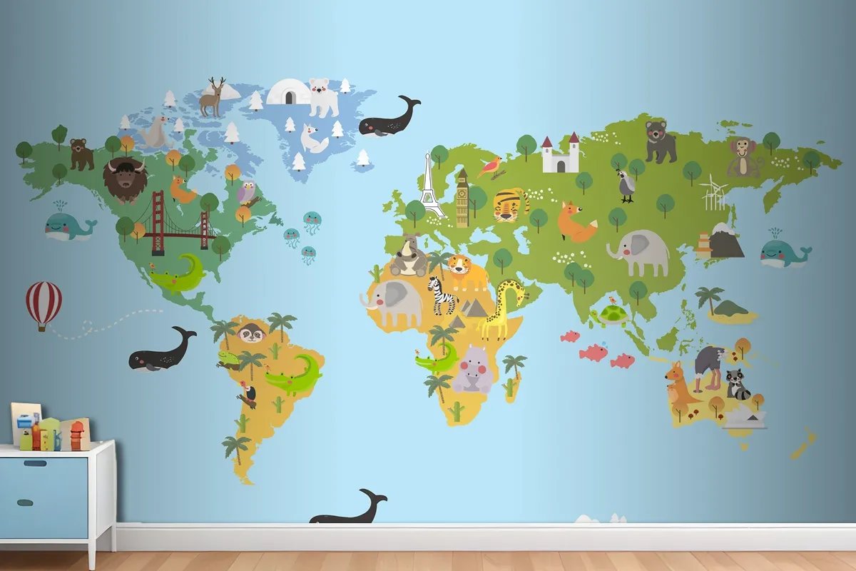 Animal World Map Wallpaper Mural