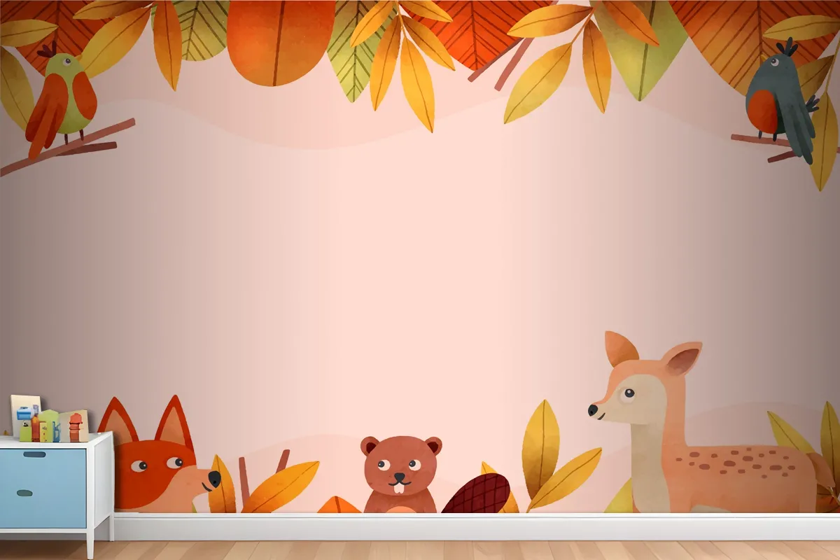 Watercolor Forest Animal And Leaves Wallpaper Mural