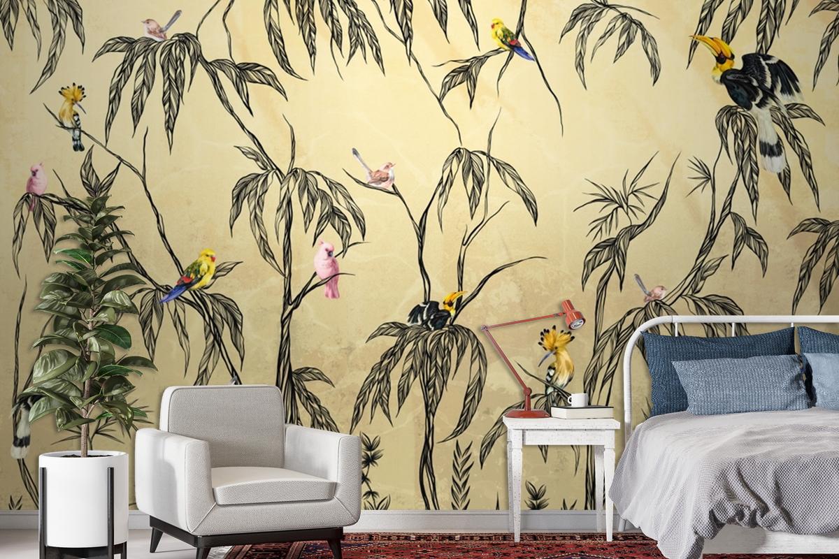 Bird In The Tropics On A Textured Beige Wallpaper Mural