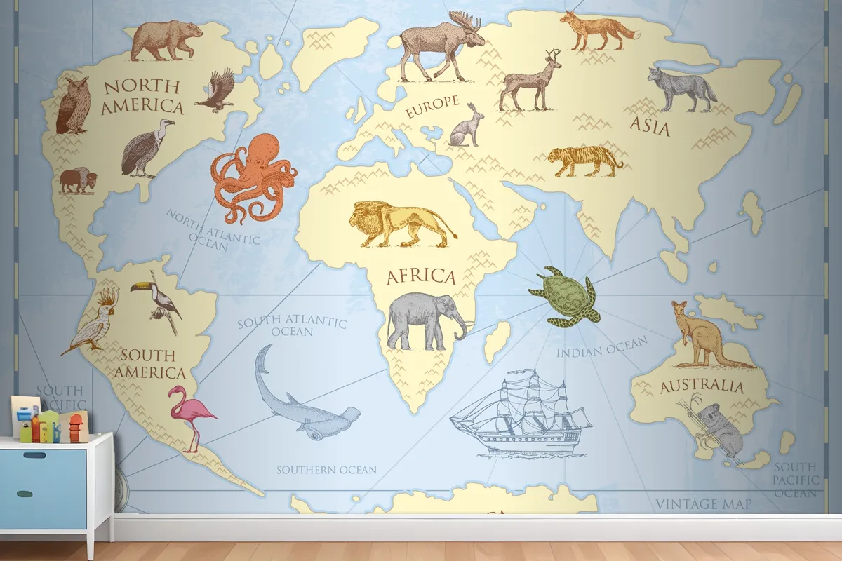 Vintage World Map With Wild Animals Wallpaper Mural