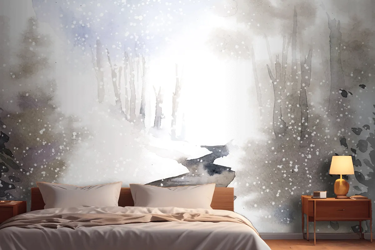 Winter Wonderland Landscape Painted By Watercolor Wallpaper Mural