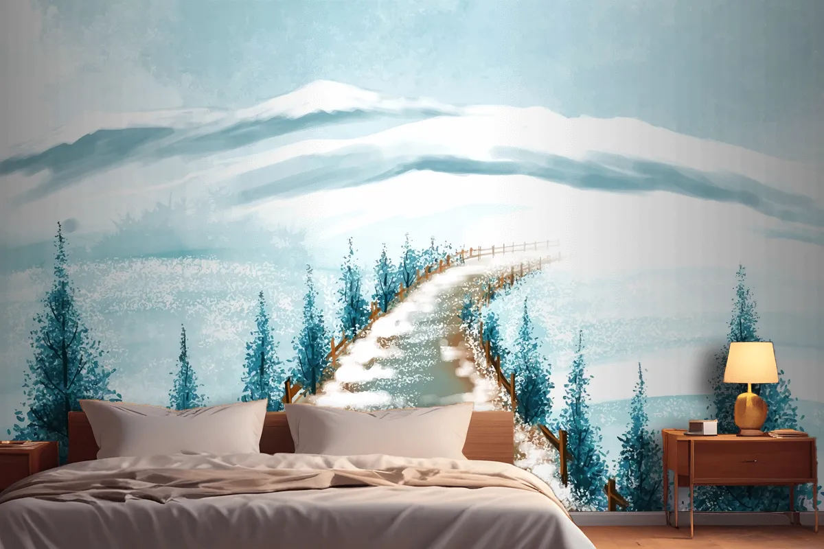 Winter Landscape With Snowy Christmas Tree Card Wallpaper Mural