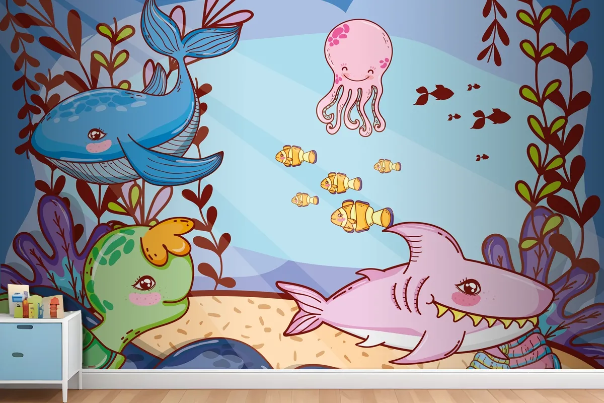 Cute Sea Animals With Seaweed Plants Wallpaper Mural