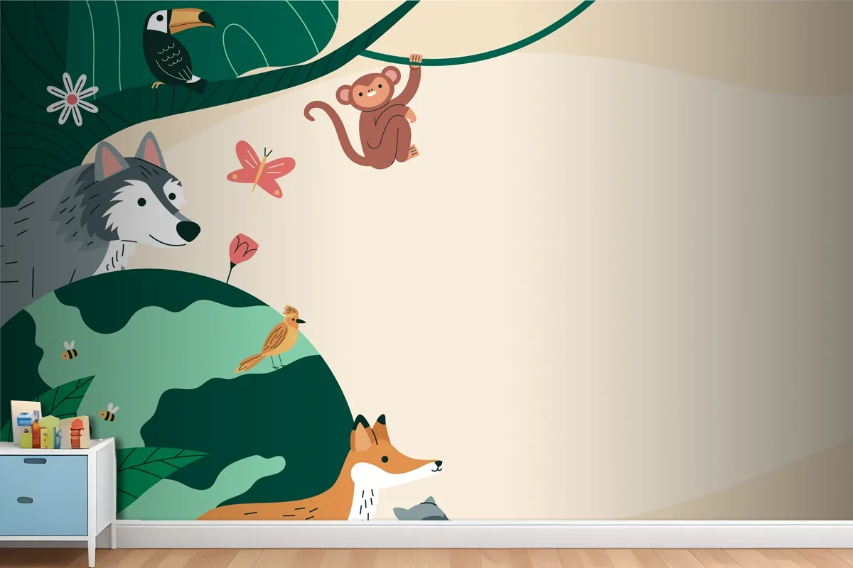 Flat Background For World Wildlife Day With Flora And Fauna Wallpaper Mural