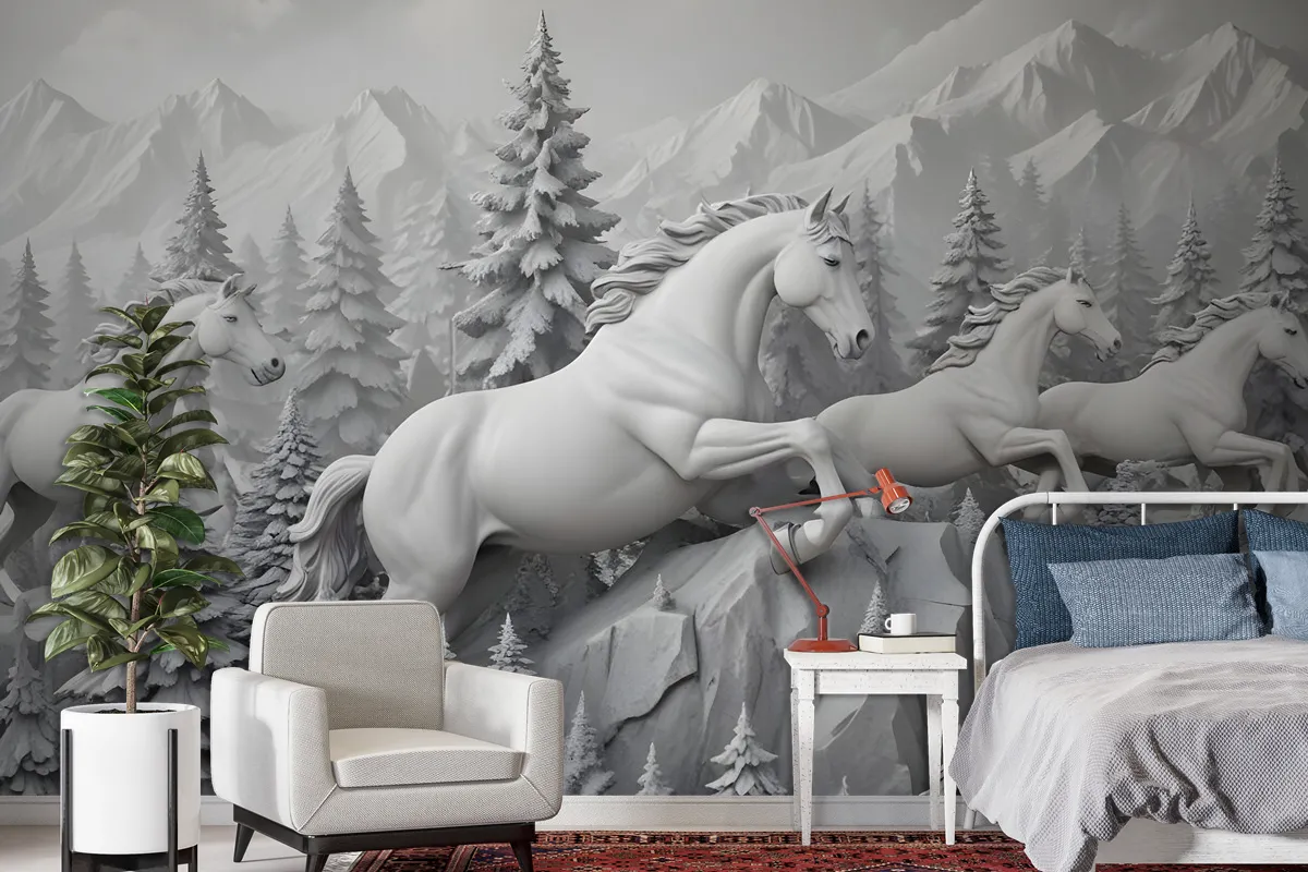 3D Embossed Look Cement Angel Horses Wallpaper Mural