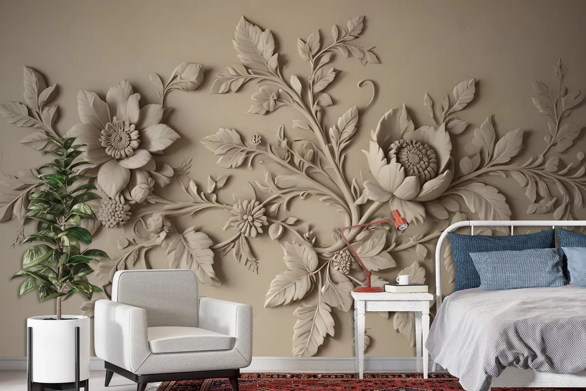 3D Embossed Look Cement Floral Tree Wallpaper Mural