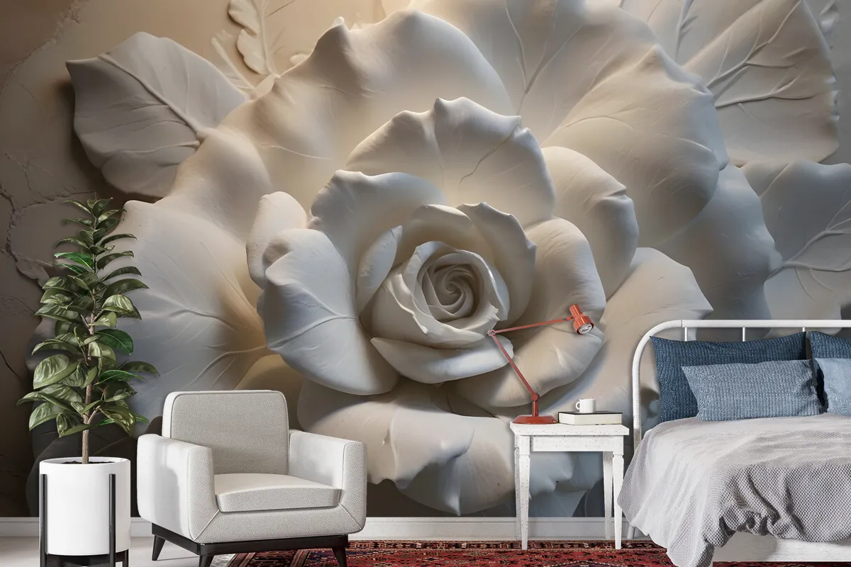 3D Embossed Look Cement Roses Wallpaper Mural