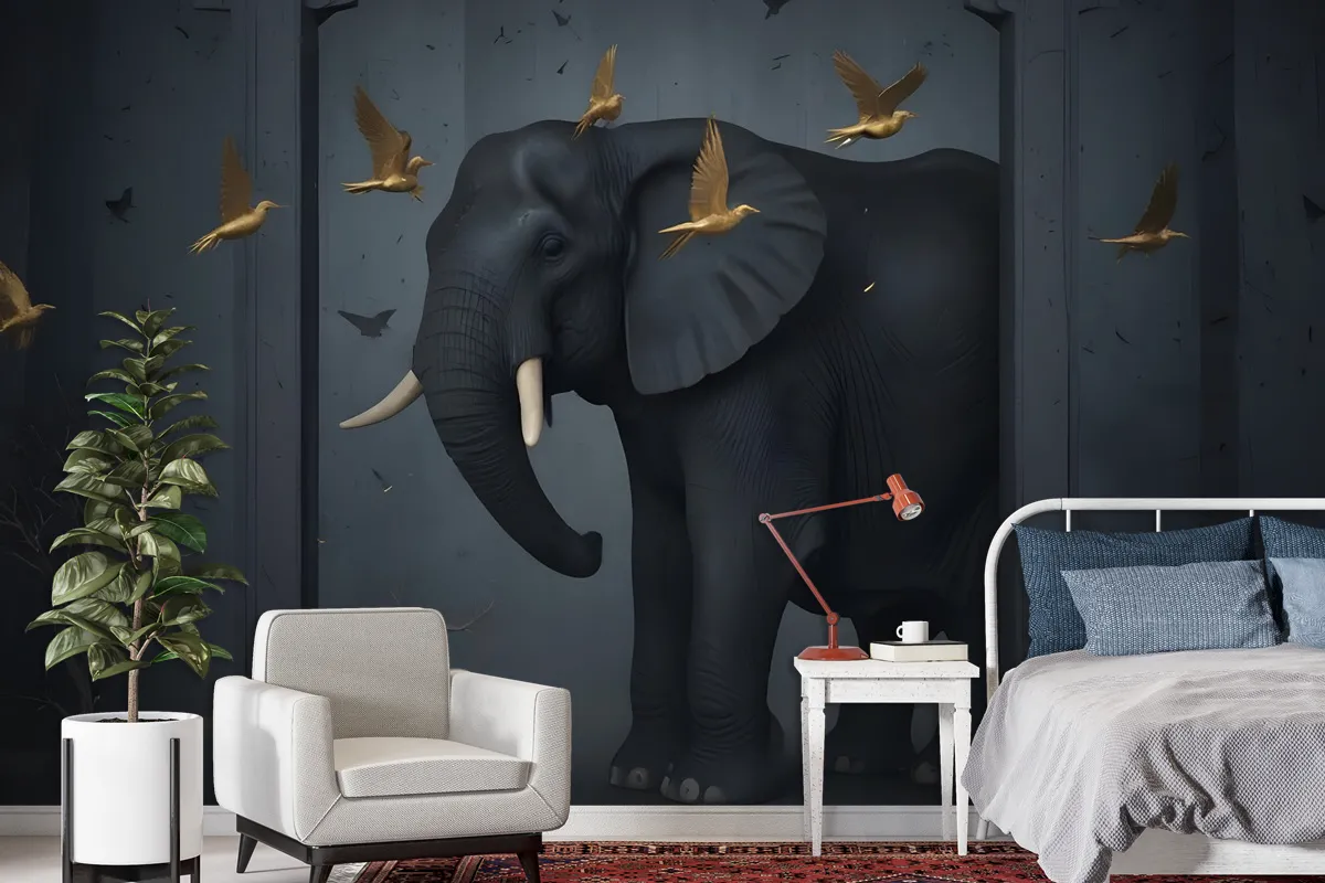 3D Embossed Look Dark Elephant And Birds Wallpaper Mural