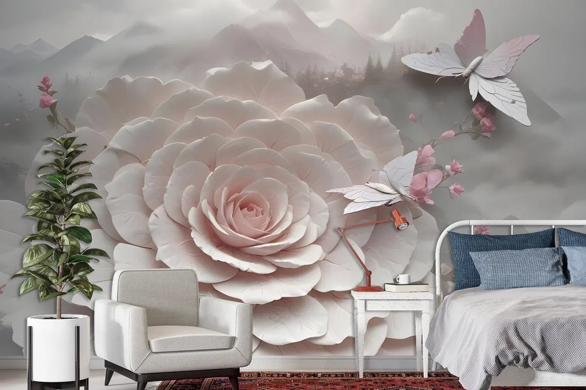 3D Embossed Look Flowers And Butterfly Wallpaper Mural