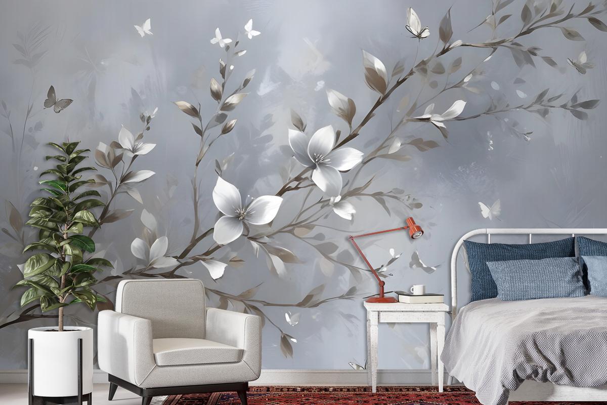 3D Embossed Look Magnolia Blossom And Butterfly Wallpaper Mural