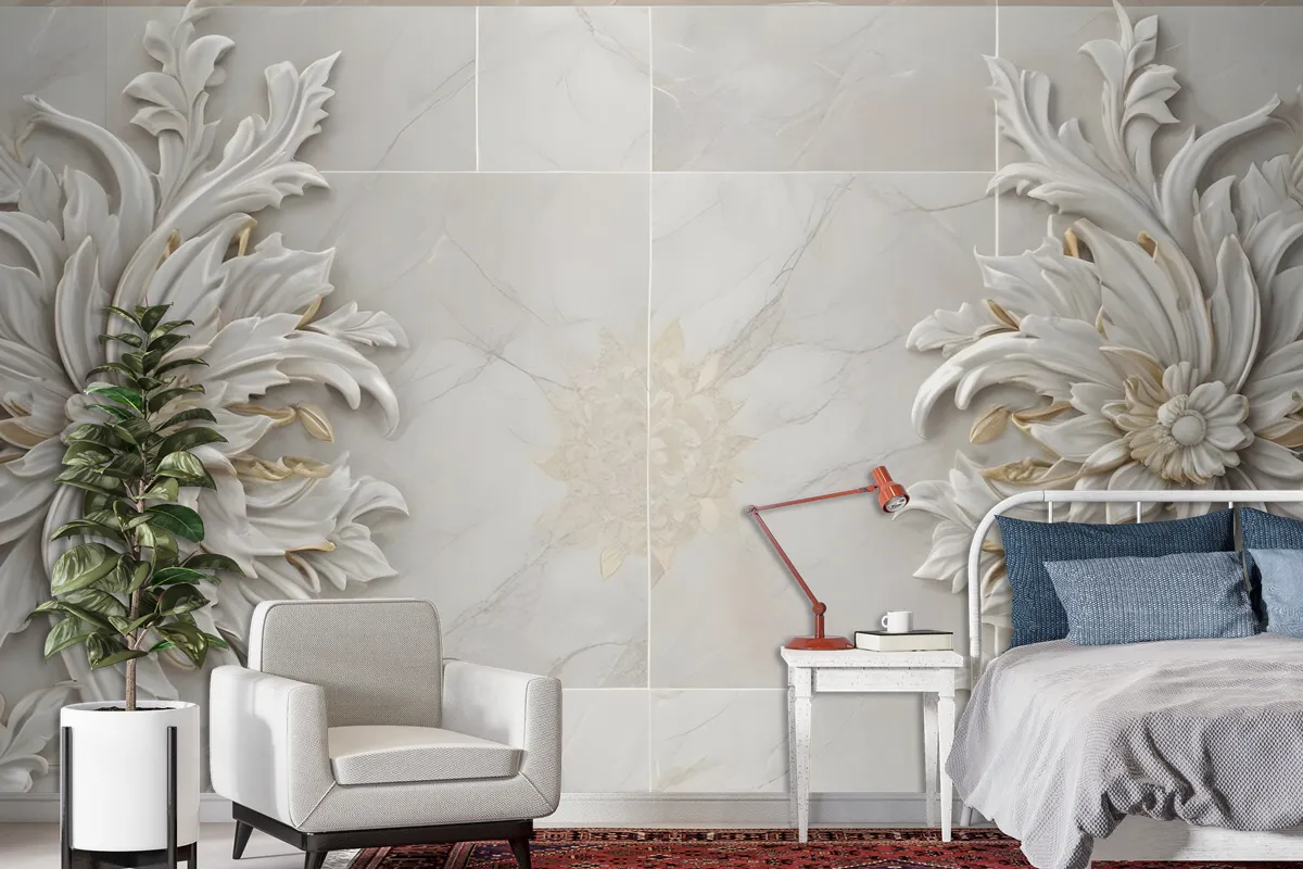 3D Embossed Look Marble Sunflower Wallpaper Mural