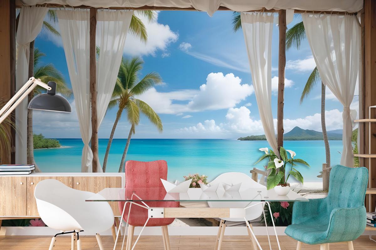 3D Look Blue Sea Landscape With Old Arches And Palm Trees Wallpaper Mural