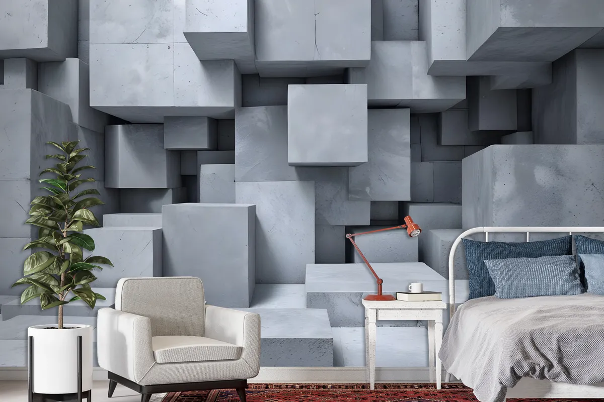 3D Look Concrete Style Gray Abstract Cubes Wallpaper Mural