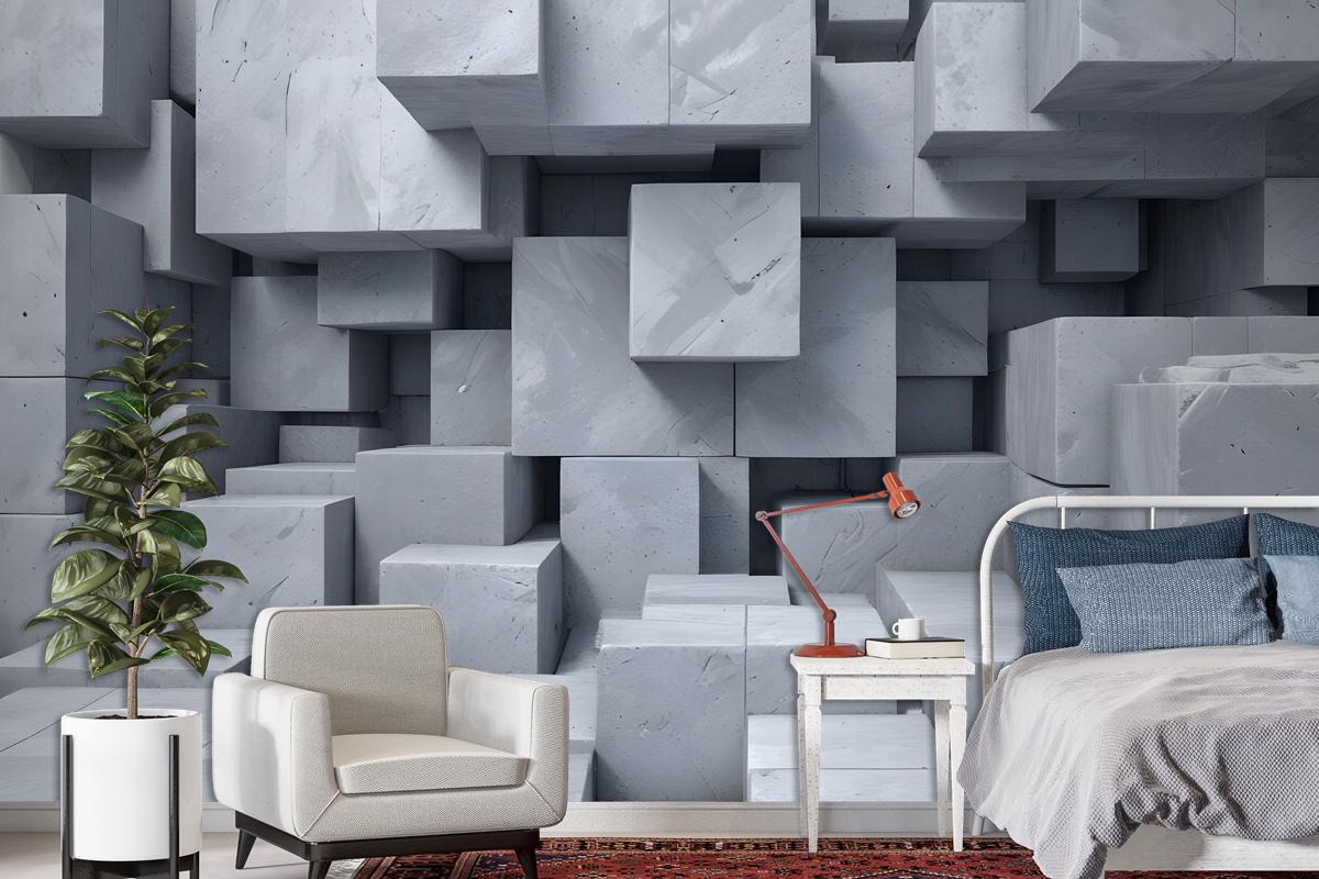 3D Look Concrete Style Gray Abstract Cubes Wallpaper Mural