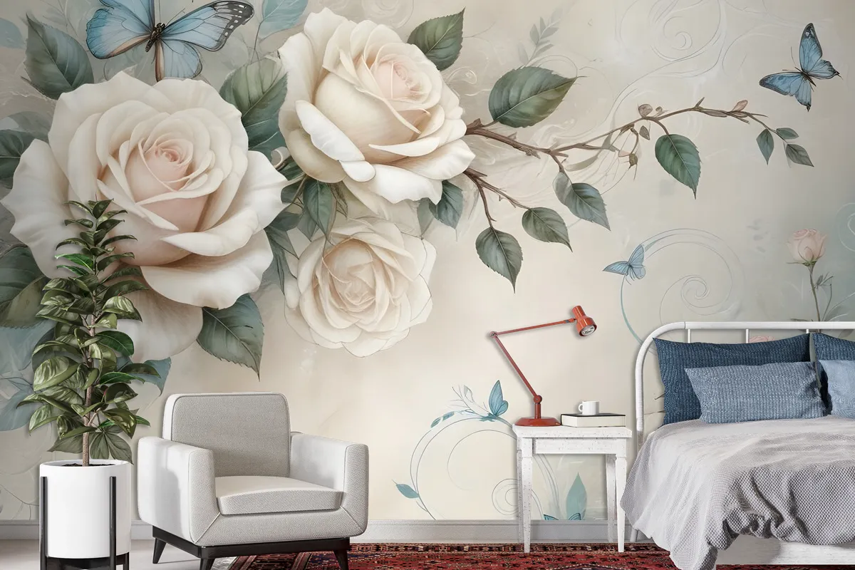 3D Look Cream Rose Floral Wallpaper Mural