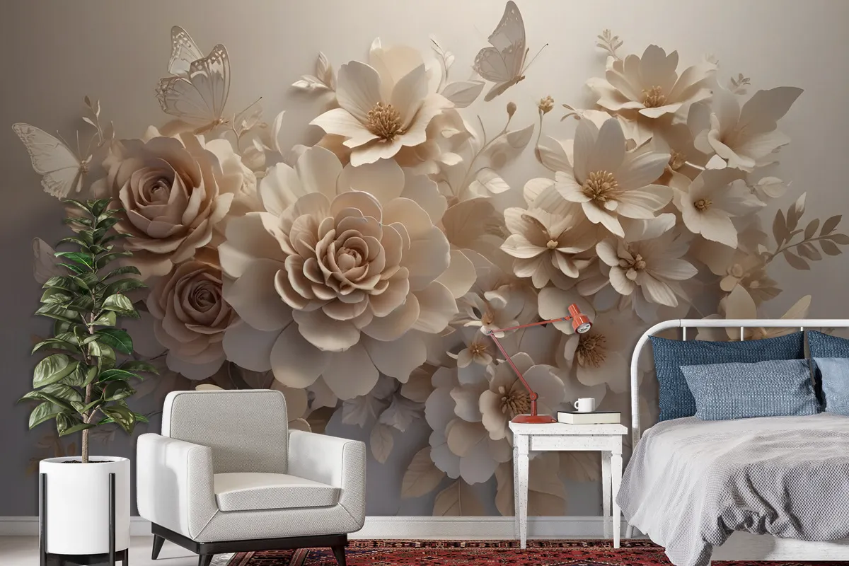 3D Look Faux Embossed Floral Wallpaper Mural