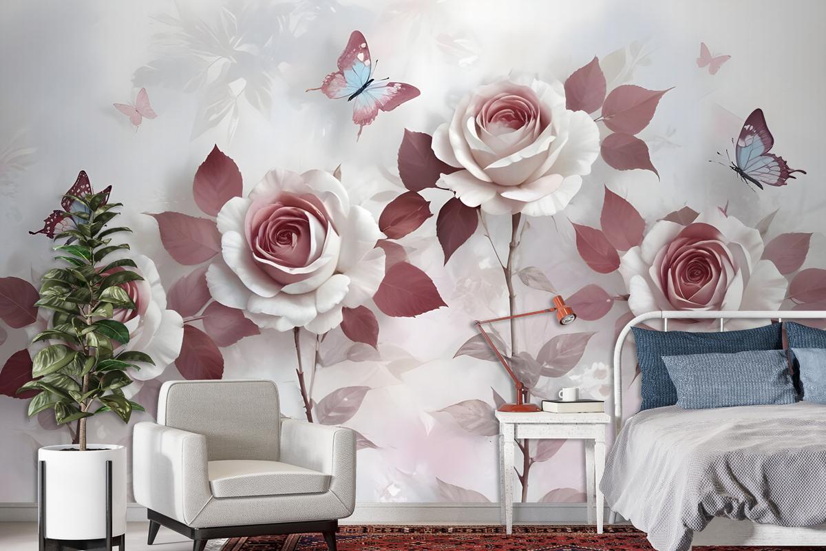 3D Look Floral With Little Butterfly Wallpaper Mural