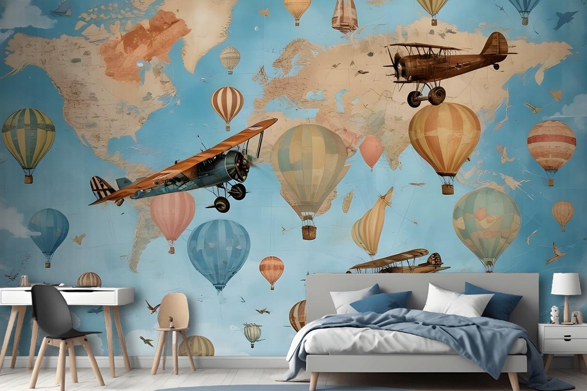 3D Look Kids World Map With Hot Air Balloon Wallpaper Mural