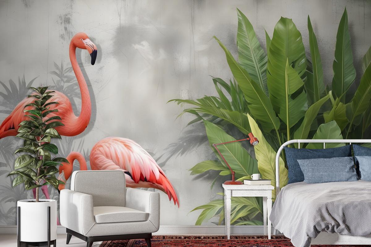 3D Look Pink Flamingo With Tropical Leaves Wallpaper Mural