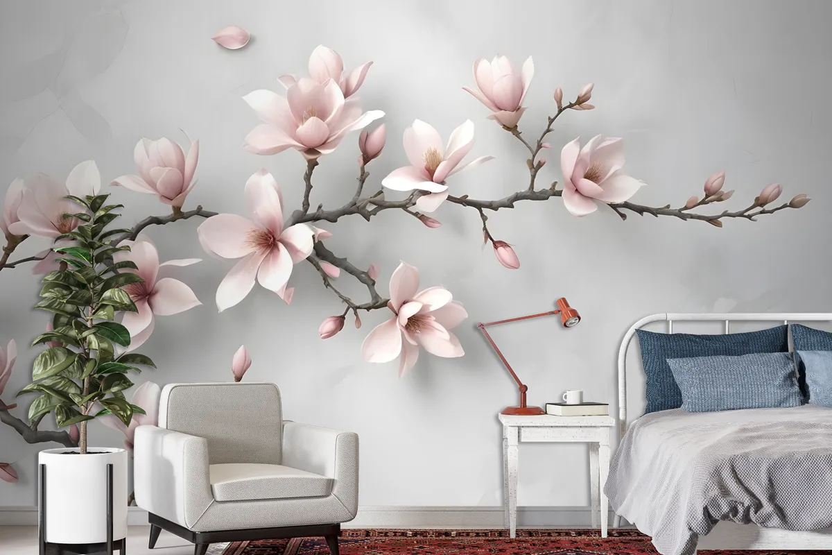 3D Look Pink Magnolia Blossom Wallpaper Mural