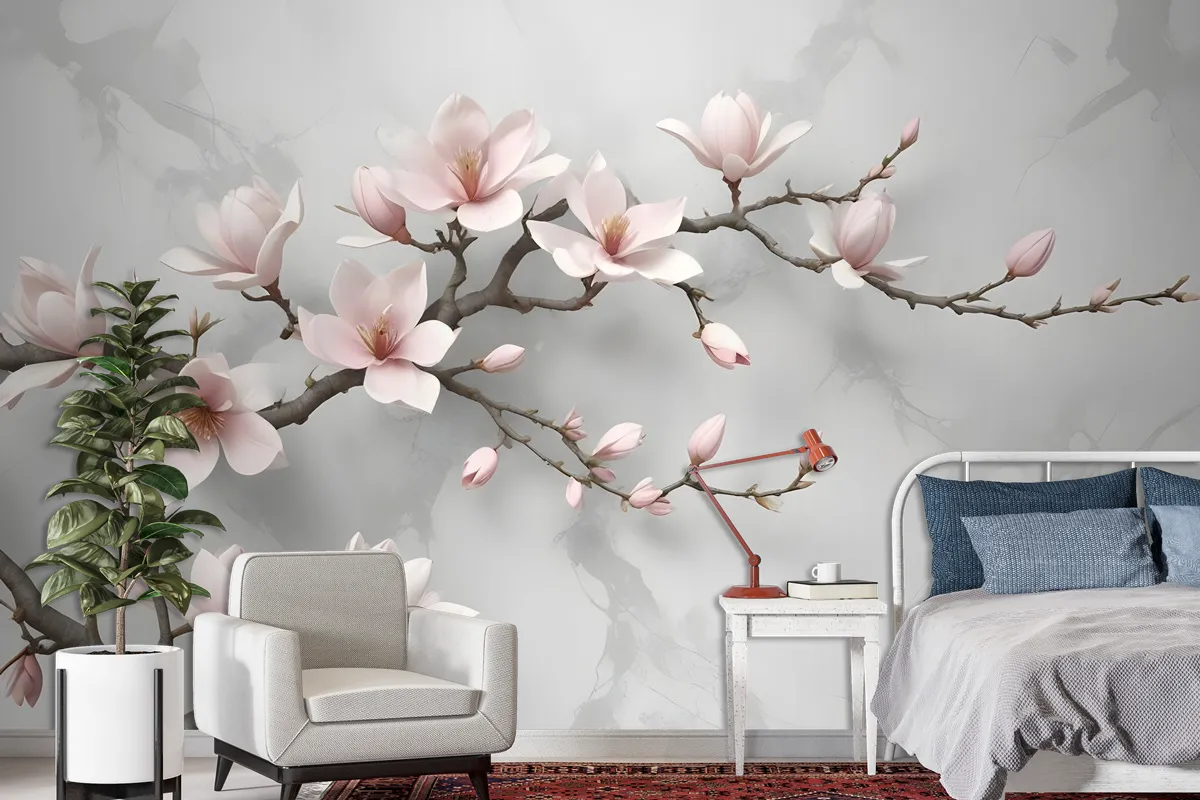 3D Look Pink Magnolia Blossom Wallpaper Mural