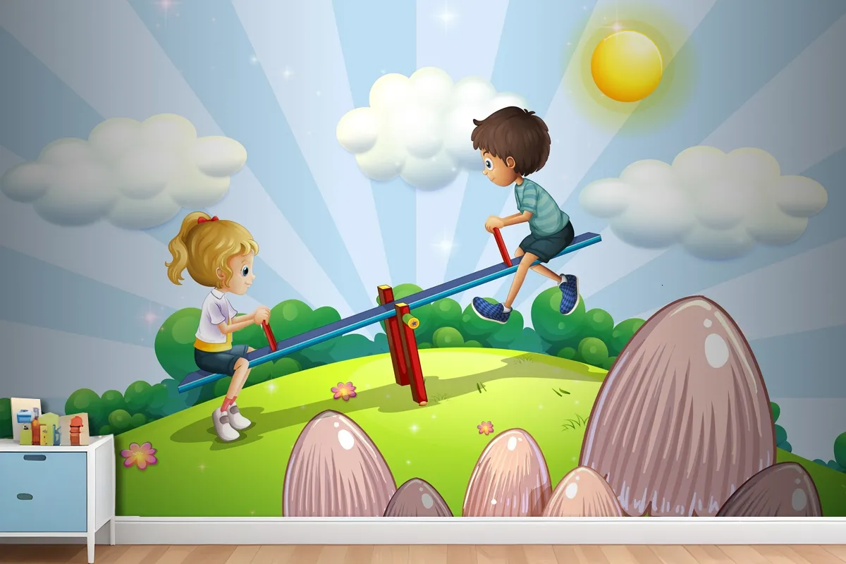 A Boy And A Girl Riding A Seesaw Wallpaper Mural