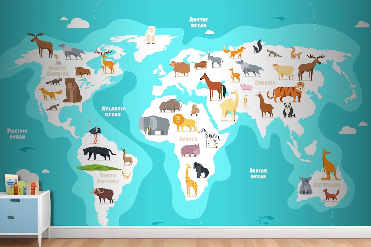 World Map With Animals Earth Discovery Funny Kids Geography Wallpaper Mural