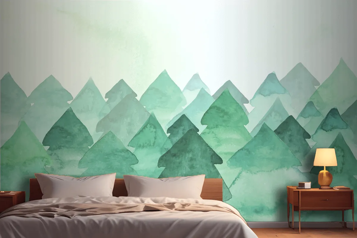 Watercolor Painting With Fir Trees Wallpaper Mural