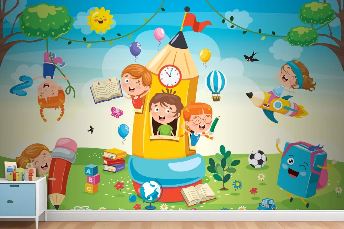 Cute Children Playing At Pencil House Wallpaper Mural