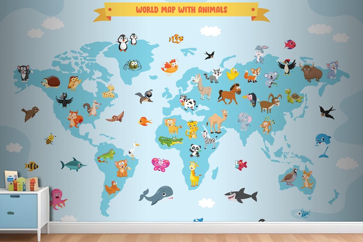 World Map With Cartoon Animals Wallpaper Mural