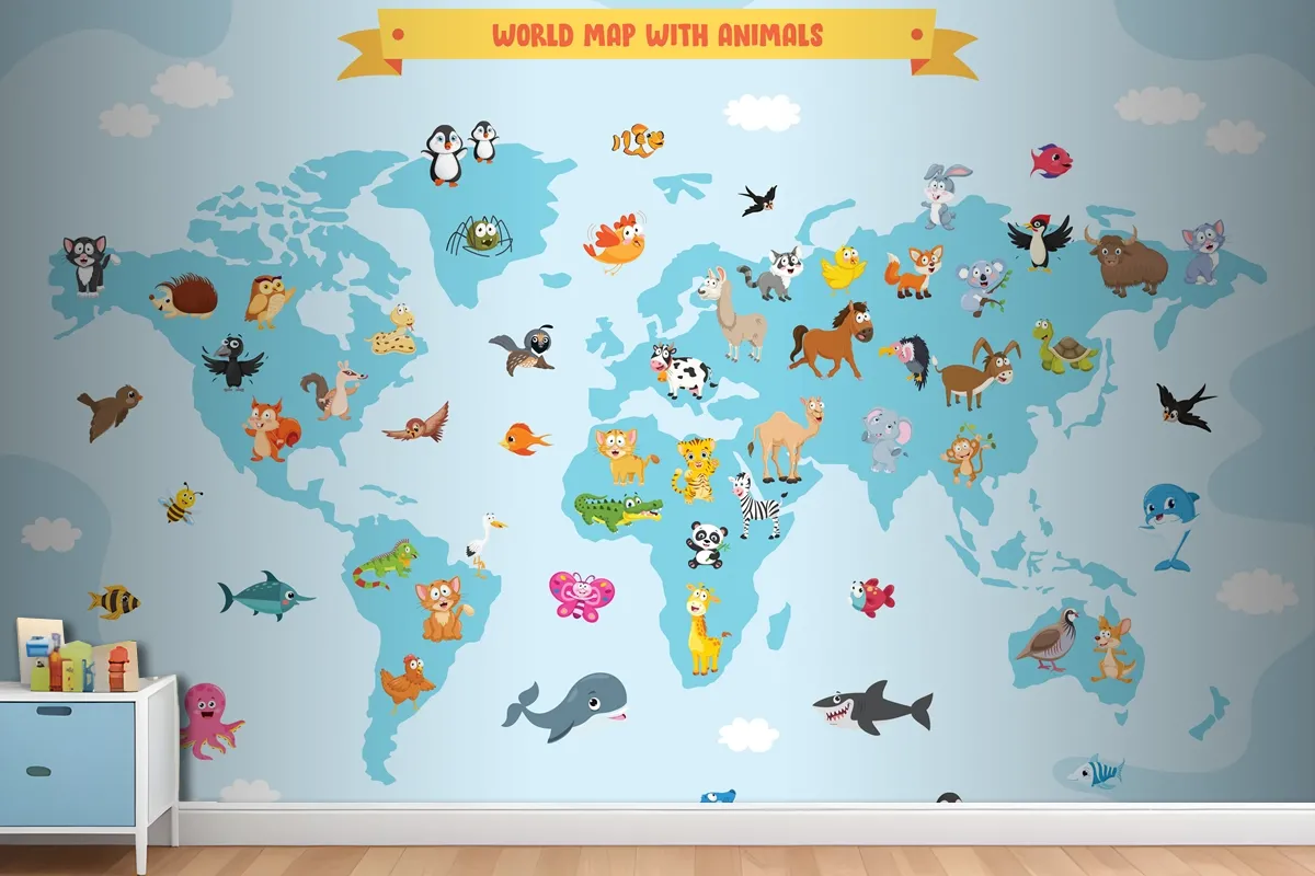 World Map With Cartoon Animals Wallpaper Mural