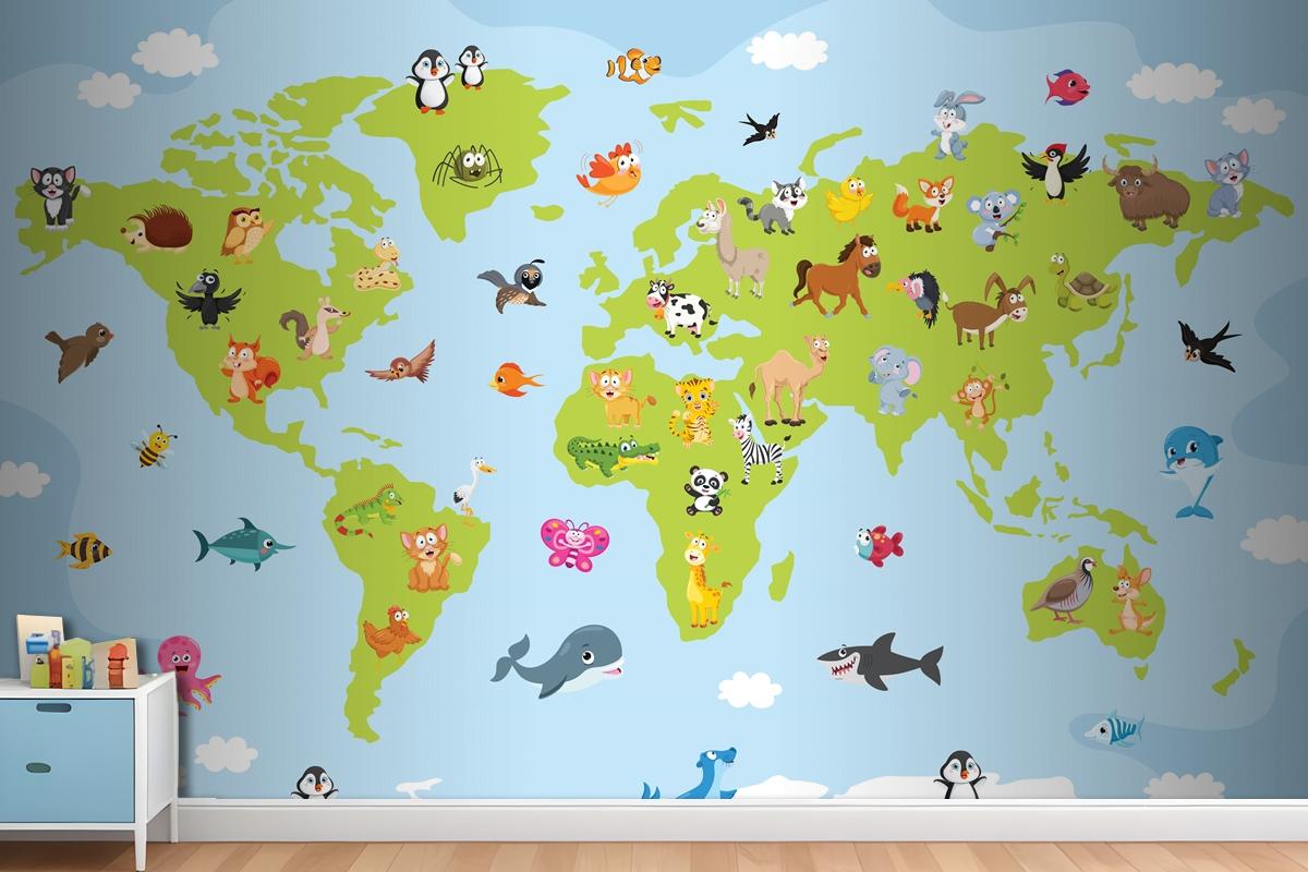 World Map With Cartoon Animals Wallpaper Mural