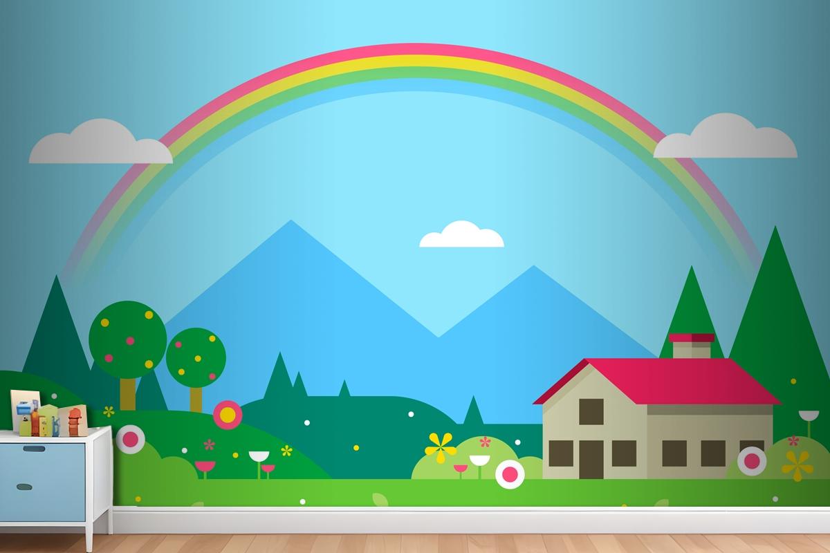 Spring Landscape With House And Rainbow Wallpaper Mural