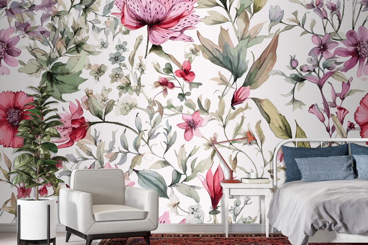 Colourful Floral Background With Leaves Wallpaper Mural