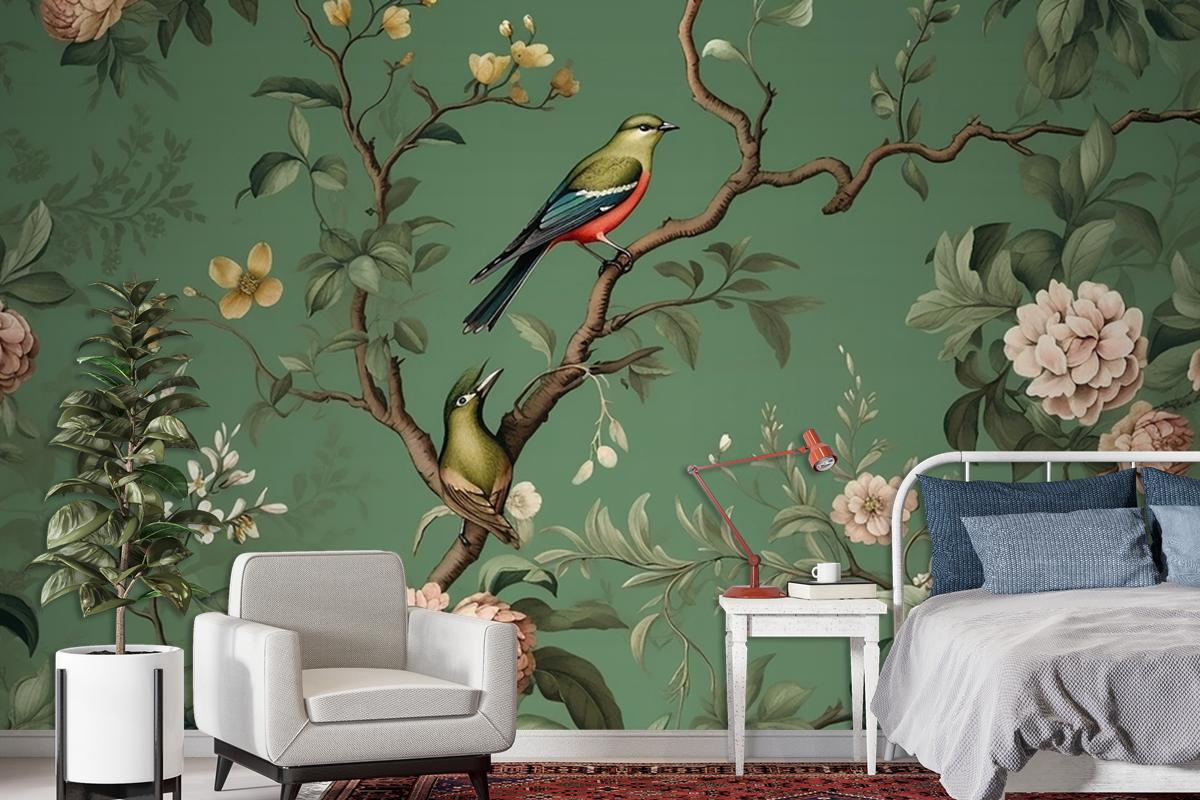 Flowers Branches Birds Golden Brushstrokes Wallpaper Mural