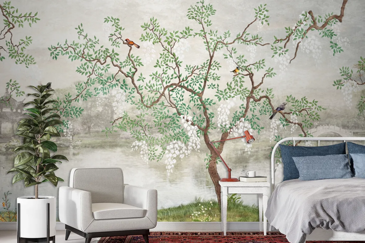 Tree By The Lake Misty Landscape Birds In Japanese Garden Wallpaper Mural